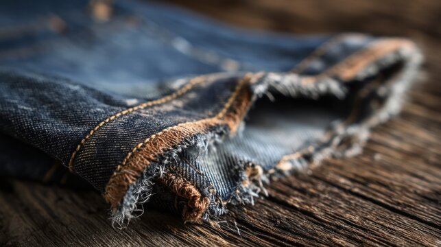 Close up of torn denim on wooden surface