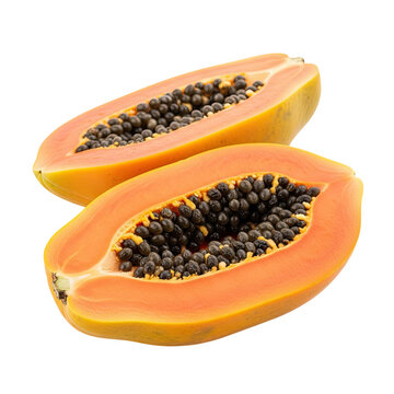 Two fresh papaya halves showing ripe orange flesh and black seed.