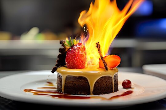 An exquisite flamb&eacute; dessert on the festive table, the concept of a luxurious feast
