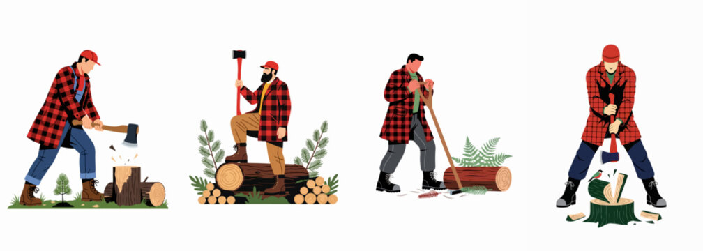 Set of lumberjack characters in red plaid shirts performing various forestry tasks such as chopping and moving logs, isolated on a white background.