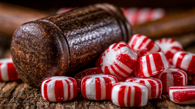 Peppermint candies with wooden mallet on rustic wood for crushing holiday sweets, peppermint