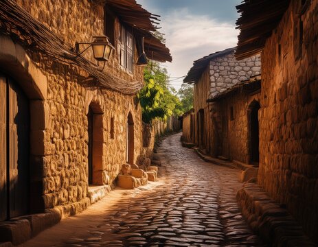 a cinematic atmospheric shot of a narrow alleyway in zanzibarets stone town where centuries old