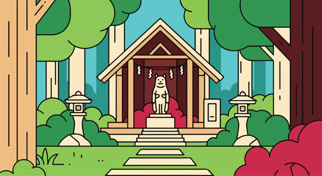 Japanese Shinto shrine in forest, traditional oriental temple with fox statue vector, peaceful zen garden landscape with stone lanterns