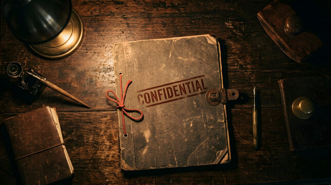 Vintage confidential file folder on dark wooden desk
