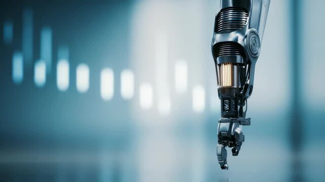 A close up view of a modern robotic arm highlights intricate engineering and precision components. The scene emphasizes cutting edge advancements in artificial intelligence and automation
