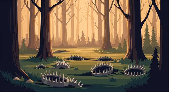 Mysterious forest landscape with hidden bear traps, dangerous woodland path with metal hunting snares, eerie outdoor scene for survival concepts