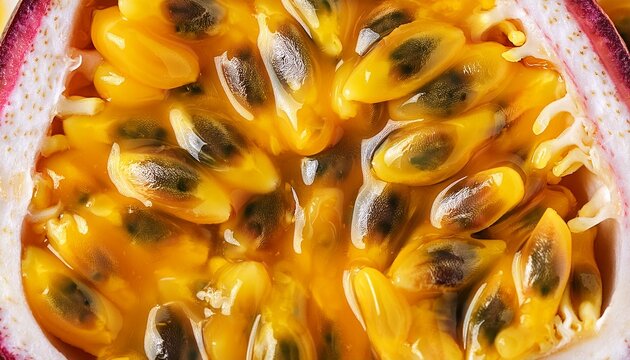 close up abstract texture of bright yellow passion fruit pulp with black seeds