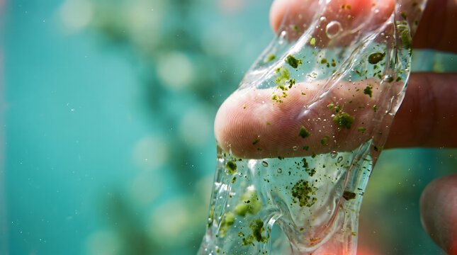 Organic green algae substance on human finger macro shot nature science
