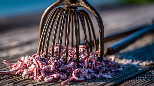 Fishing bait worms and scoop on wooden surface ready for angling and outdoor activities