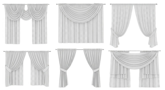 Set of white fabric curtains with swags and drapes, isolated on a black background, featuring various styles of window treatments and