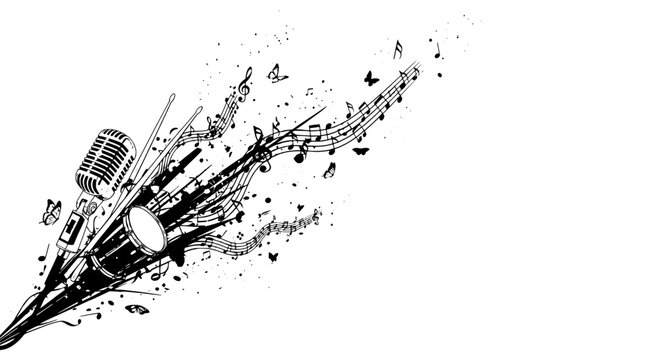 Knife tactical combat with double-edged blade, grunge ink splatter and musical notes, vector style for game icons