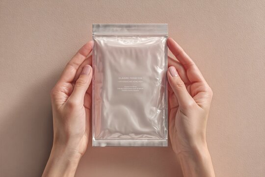 Hand holding clear plastic resealable bag with label against neutral background