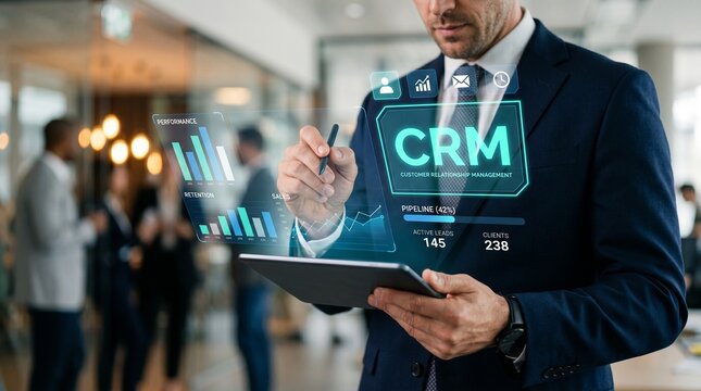 Businessman with CRM, customer relationship management, digital tablet, office background