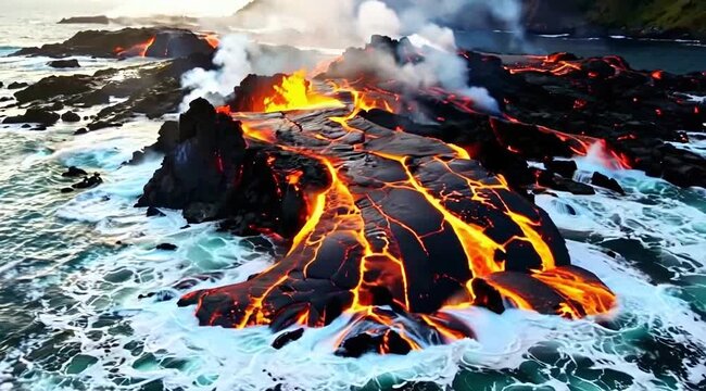 Close aerial view of molten red-orange lava flowing into the ocean, creating massive clouds of steam and explosive hissing contact points. 