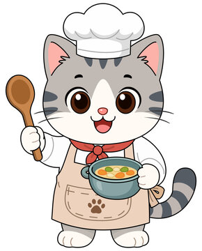 Cute cartoon cat chef holding spoon and bowl of soup. Fun animal cooking character for kids content, food themes, and mascot design.