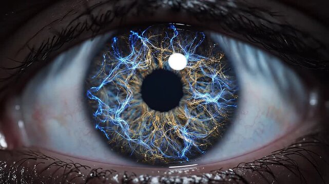 Close-up view of a human eye with intricate blue and gold electrical energy patterns within the iris, symbolizing vision and technology