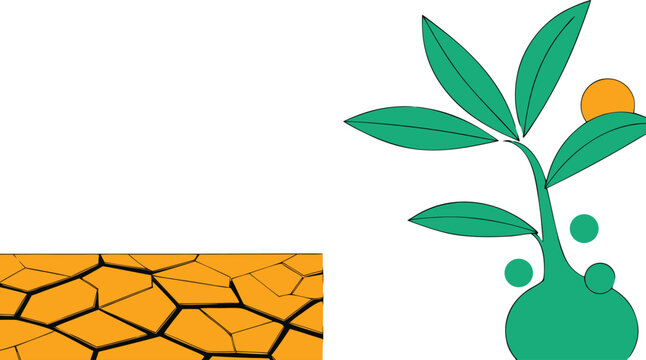 Cracked dry ground and green plant growing from seed conceptual art.