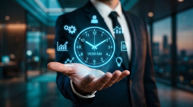 Businessman holding clock with icons, time management concept, productivity symbols, office background
