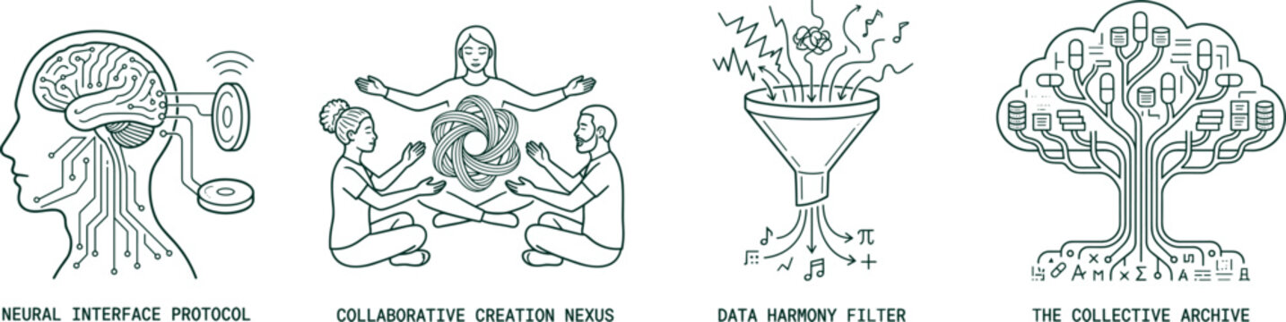 Neural interface protocol concept, collaborative creation nexus illustration, data harmony filter funnel, collective archive tree knowledge system, futuristic digital technology