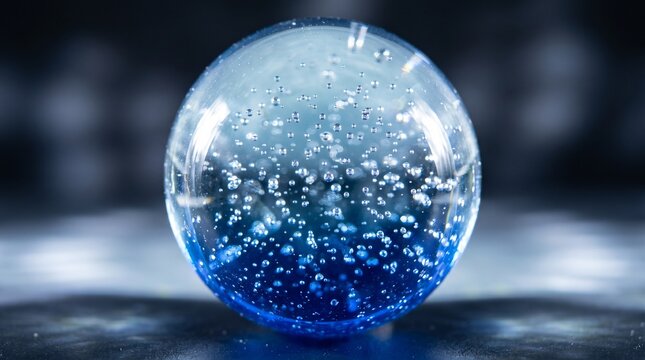 Glass sphere, blue liquid bubbles, transparent orb, science concept