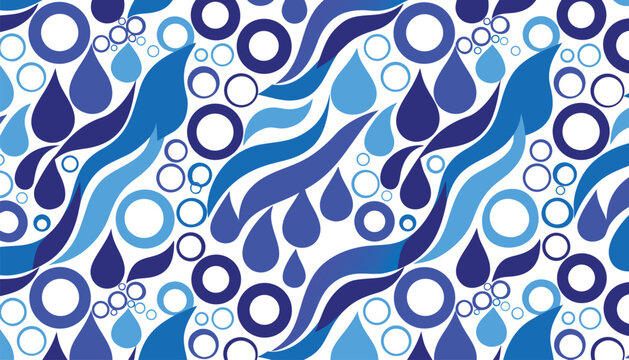 Decorative water drops and circles seamless pattern in blue palette.