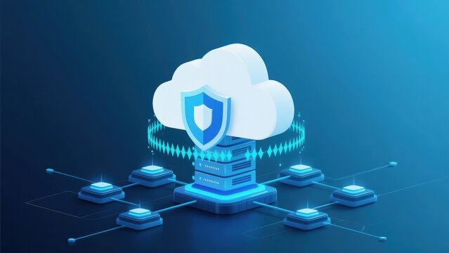 Cloud computing security system with shield protection and connected server network nodes, secure data storage and digital infrastructure concept, idea for cybersecurity and cloud technology