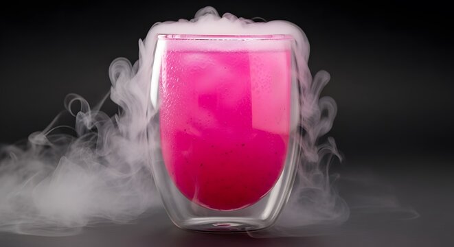 Double walled glass with pink liquid and dry ice fog.