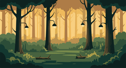 Fototapeta premium Flat vector forest landscape with street lamps, magical woodland scenery at sunset, mystical park background with glowing lights and dense trees