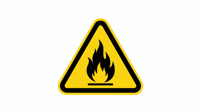 Yellow triangle caution sign depicting a black flame symbol indicating flammability