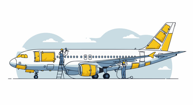Workers maintain a commercial aircraft, checking engine and fuselage panels