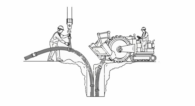 Workers use machinery to install underground cables, one by crane, one by trenching machine