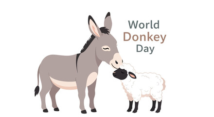 Obraz premium A cute donkey character lovingly nuzzles a fluffy sheep in a sweet vector illustration celebrating World Donkey Day, set against a clean white background with soft, pastel colors