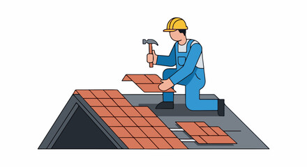 Fototapeta premium Worker installing roof tiles with hammer