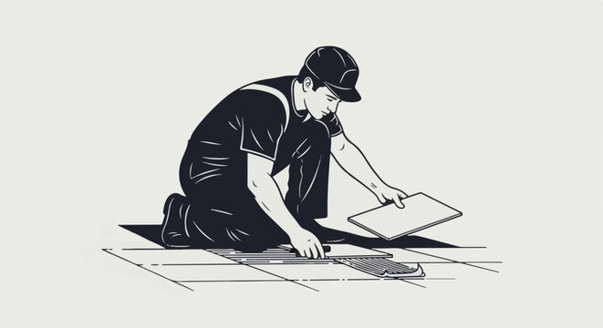 Worker kneeling on floor, carefully placing tile with tools