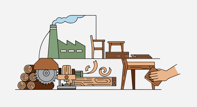 Woodworking factory scene with machinery, logs, and furniture assembly