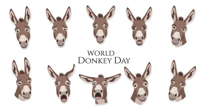 A whimsical vector illustration showcases ten expressive donkey faces against a clean white background, each rendering celebrating World Donkey Day with unique emotional variations