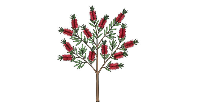Red Bottlebrush Tree Illustration with Green Leaves and Cylindrical Flowers on White Background