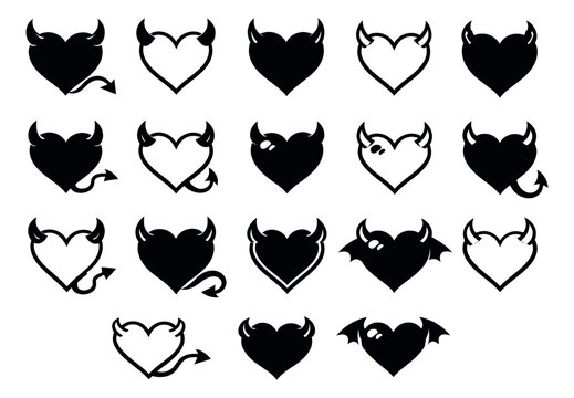 Graphic devil hearts set featuring horns, tails, and wings for love, sin, or Halloween