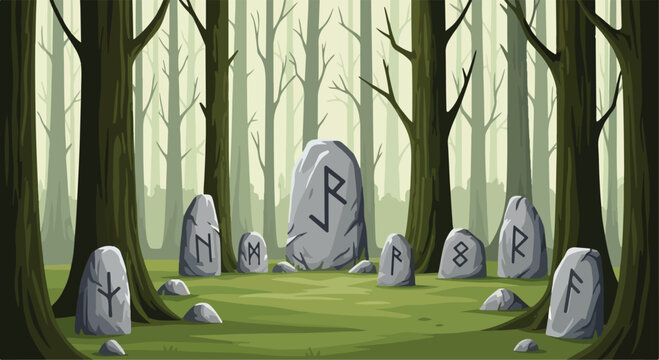 Mystical ancient rune stones in a deep forest, magical stone circle with nordic symbols, fantasy woodland landscape vector illustration