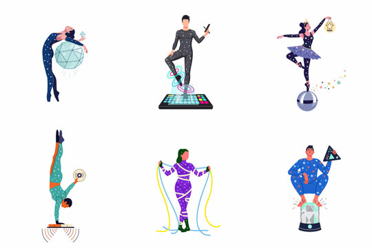 Set of creative cosmic-themed performers and dancers in starry costumes, featuring acrobats, a ballerina, and futuristic digital artists.
