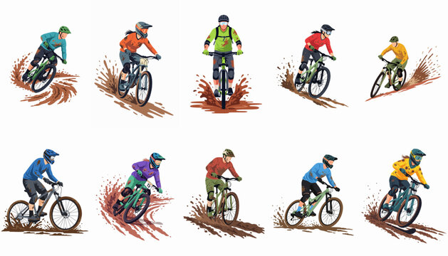 Set of Ten Dynamic Illustrations Featuring Male and Female Mountain Bikers in Colorful Gear Splashing Through Muddy Trails on a Plain White Background