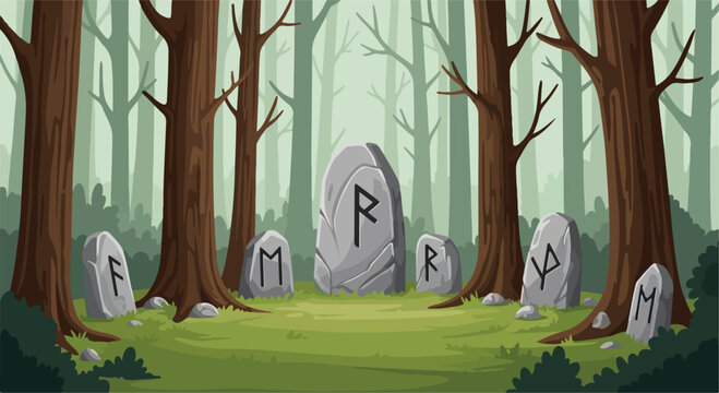 Mystical ancient rune stones in a deep forest, magical stone circle with nordic symbols, fantasy woodland landscape with runic monoliths
