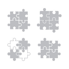Naklejka premium Jigsaw puzzle pieces organized into four distinct square arrangements demonstrate logical connectivity.