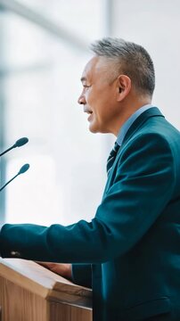 Older man gesturing at lectern in bright modern conference hall