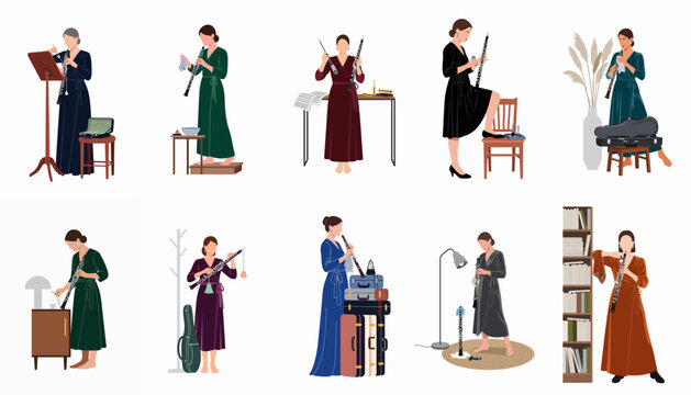 Set of flat illustrations featuring an elegant female musician practicing, cleaning, and traveling with her oboe in various sophisticated indoor settings.