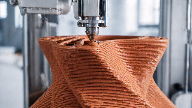 Close-up of a 3D printer nozzle extruding terracotta clay to build a ceramic object.