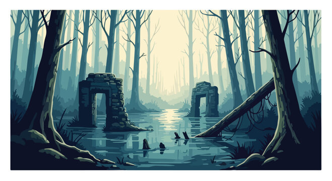 Mystical swamp forest with ancient stone ruins, eerie foggy woodland landscape with dark water, atmospheric fantasy forest vector illustration