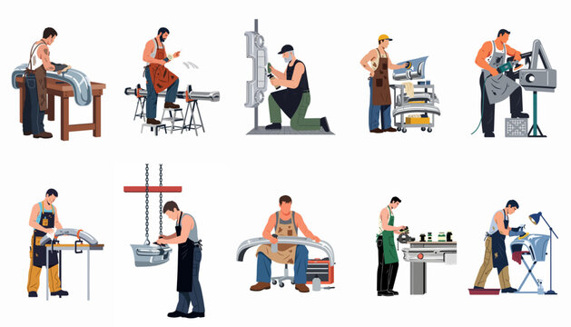 Set of professional mechanics and body shop workers repairing, sanding, and polishing vintage car chrome bumpers and parts in a garage workshop environment.