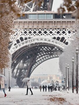 Tourists walking under eiffel tower during snowfall in paris