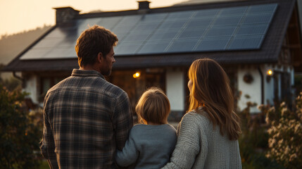 Fototapeta premium Family standing in front of house with solar panels at sunset showcasing sustainable living and renewable energy concept